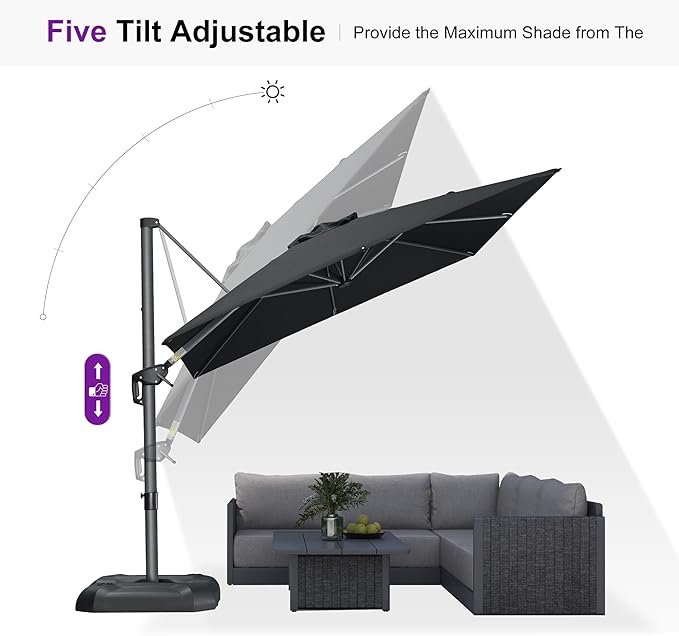PURPLE LEAF 8 Feet Square Cantilever Umbrella Patio Umbrella with Base Outdoor Umbrella Aluminum Offset with 360-degree Rotation for Garden Deck Pool Patio Black