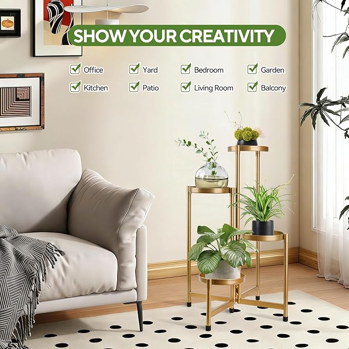 4 Tier 31 Inch Plant Stand Indoor Outdoor, Metal Plant Shelf Waterproof, Plant Holder with Folding Design For Home, Living Room, New Upgrate Gold