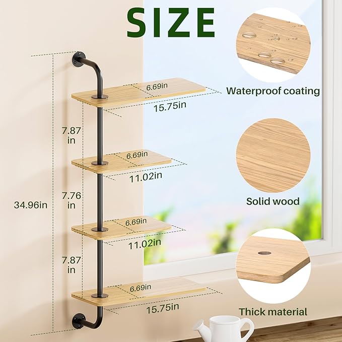 YUOROS Window Shelf for Plants, 4-Tier Rotating Window Sill Plant Shelves Stand Plant Wall Holder with Hanger