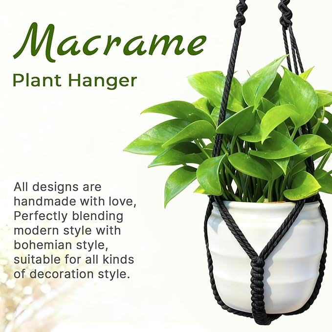 Macrame Plant Hanger, Up to 4-15 inch Pots, Wood Beads Cotton Hanging Planter Holder for Indoor Outdoor Boho Home Decor, 35 Inch, Set of 2 (Black)