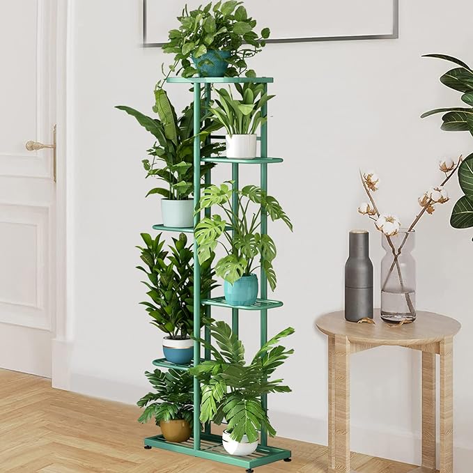 LINZINAR Plant Stand Metal 6 Tier 7 Potted Multiple Flower Pot Holder Shelf Indoor Outdoor Planter Display Shelving Unit for Patio Garden Corner Balcony Living Room (6 Tier 7 Potted, Light Green)