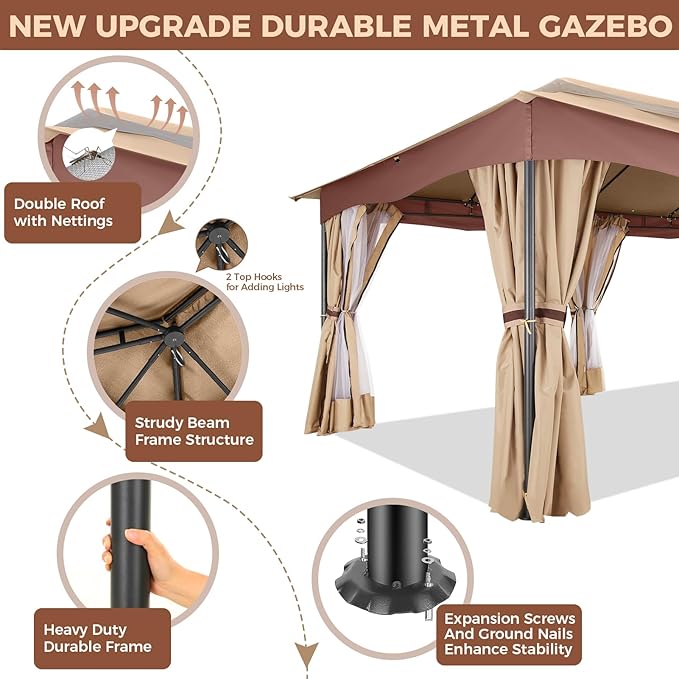 COBIZI Gazebo 12x20 Heavy Duty Gazebos with Curtain and Netting Outdoor Gazebo Canopy Double Roof Patio Gazebos with Metal Steel Frame for Patio, Deck, Backyard-Khaki