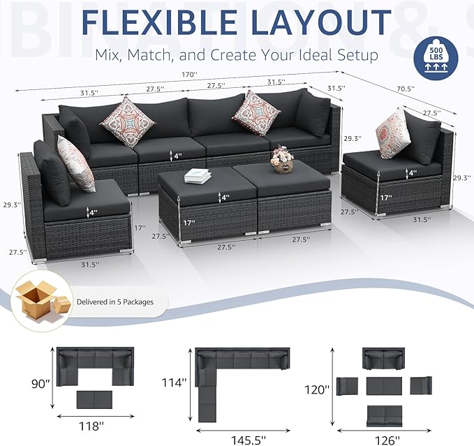 NICESOUL 8 Seater Modern Luxury Outdoor Furniture Set, Extra Large PE Wicker Patio Modular Sectional Sofa with Ottoman, 29.3'' High Back L-Shaped All-Weather Conversations, Deep Seated Grey Color