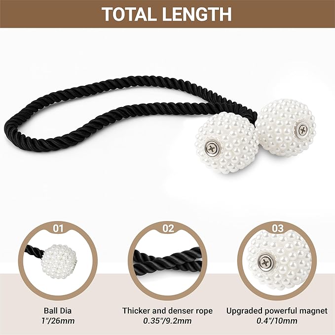 Hion Magnetic Curtain Tiebacks Black 2pcs, Curtain Tiebacks Buckles Holdbacks Holders Hooks Clip for Home Bedroom Office Decorative Curtain
