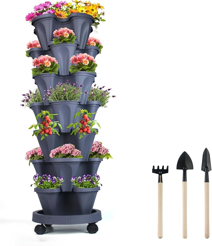 GameXcel Vertical Planter 7 Tier Stackable Planters Garden Planters Strawberry Herb Flower and Vegetable Planter Indoor Outdoor Gardening Pots with Removable Wheels and Tools - Dark Gray