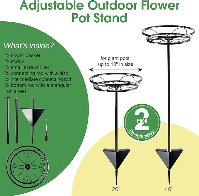 Tellingyou 2 Pack Adjustable Outdoor Flower Pot Stand, Metal Outdoor Plant Stands, Spring Summer Versatile Plant Stand Garden Stake for Display Plants, Elegant Solution for Landscaping Decor (Black)