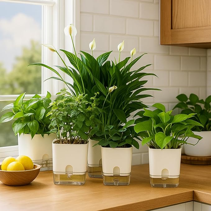Planterhoma Self Watering Plant Pots for Indoor Plants 7/10 inch, 4 Packs Square Self-Watering Planters with Drainage Hole, White African Violet Pots for Devil's Ivy, Spider Plant, Orchid