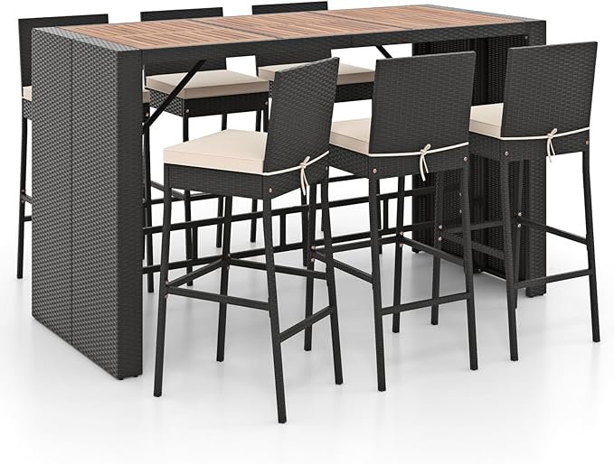 COSTWAY 7 PCS Patio Rattan Wicker Bar Set, 30'' Bar Height Chairs with Back, Footrest and Cushion, Outdoor Table with Wooden Top for Backyard Garden Deck