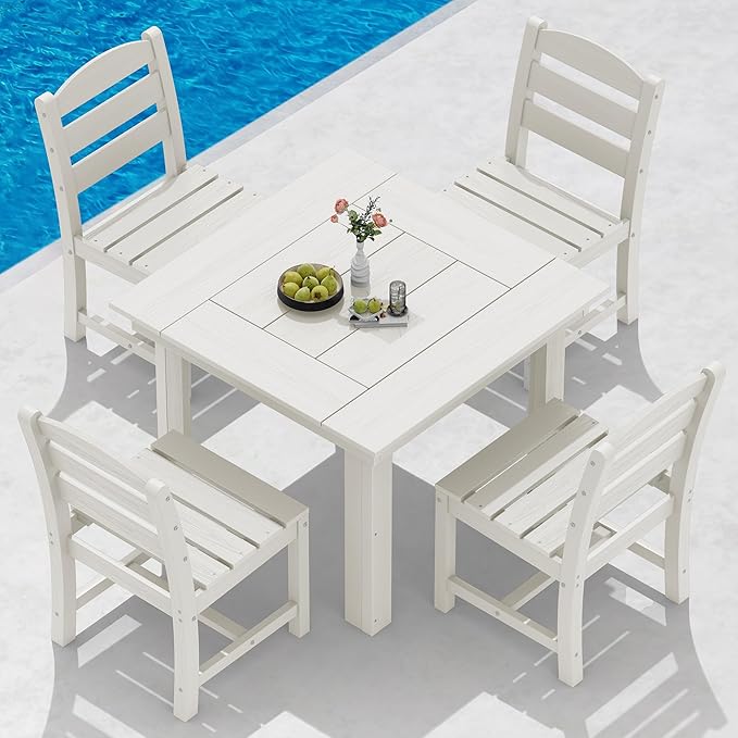 SERWALL Outdoor Dining Set for 4, HDPE Square Table and Chairs Set All Weather Patio Dining Set with 4 Armless Chairs for Patio, White