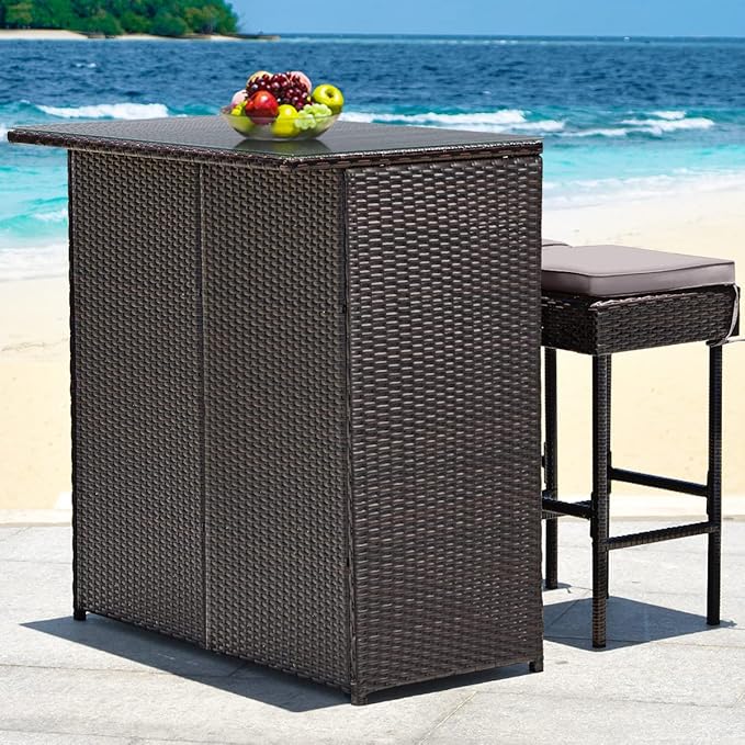 Tangkula Patio Bar Set, 3 Piece Outdoor Rattan Wicker Bar Set with 2 Cushions Stools & Glass Top Table, Gray & Off White Cover, Outdoor Furniture Set for Patio Backyard Porch Garden Poolside