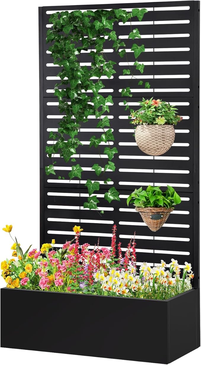 Metal Raised Garden Bed with Trellis,Planter Box for Climbing Plants, Vegetables & Vines, Features Drainage Holes and Privacy Screen.raised garden beds outdoor planters for porch (White, 71"x35"x16")