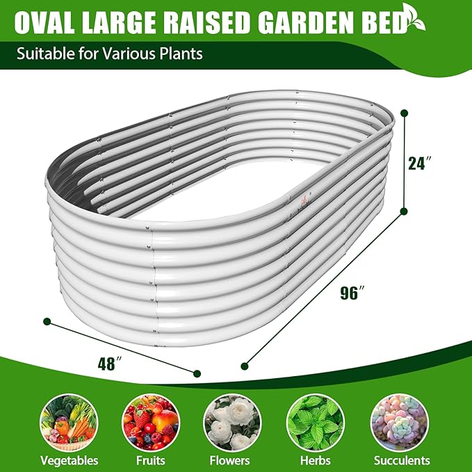A ANLEOLIFE 4-Set 8X4X2 ft Galvanized Raised Garden Bed Kit, Oval Metal Deep Root Planters for Outdoor Plants, Antique White