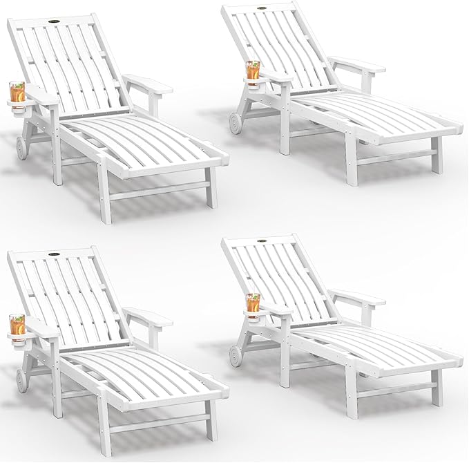Patio Chaise Lounge Chair Set of 4, Oversized Lounge Chair Outdoor with 5 Positions, HDPE, Patio Lounge Chair with Wheels & Cup Holder for Pool, Deck, Poolside,White