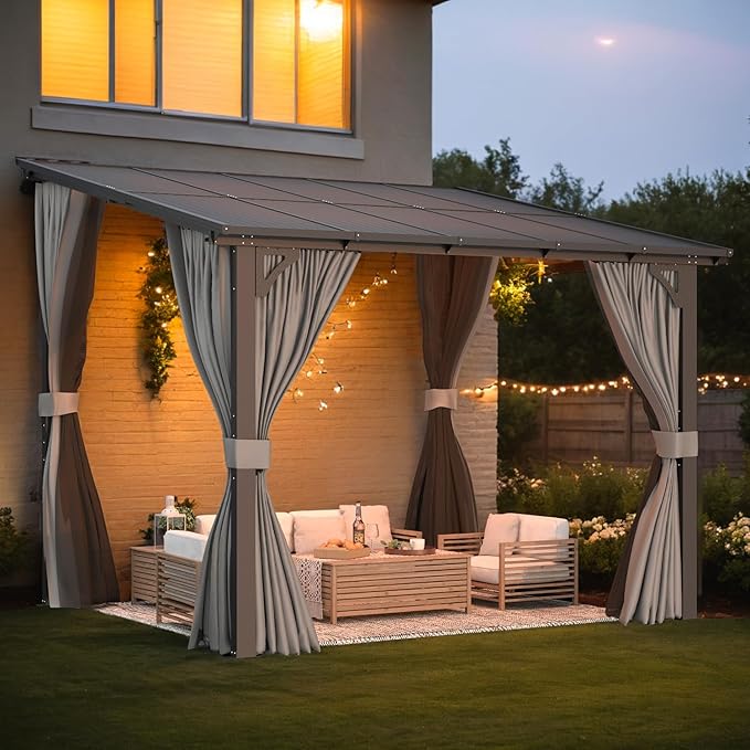AECOJOY 10' X 8' Gazebo for Patio, Small Wall-Mounted Lean to Gazebo Pergola with Curtains and Netting, 8x10 Hard Top Pergolas and Gazebos on Clearance for Lawn Backyard Garden Deck