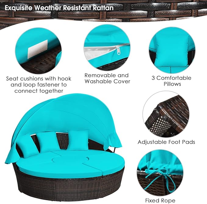 Tangkula Patio Round Daybed with Retractable Canopy, Outdoor Wicker Rattan Furniture Sets, Sectional Cushioned Sofa Set w/Height Adjustable Coffee Table, Rattan Conversation Sets (Turquoise)