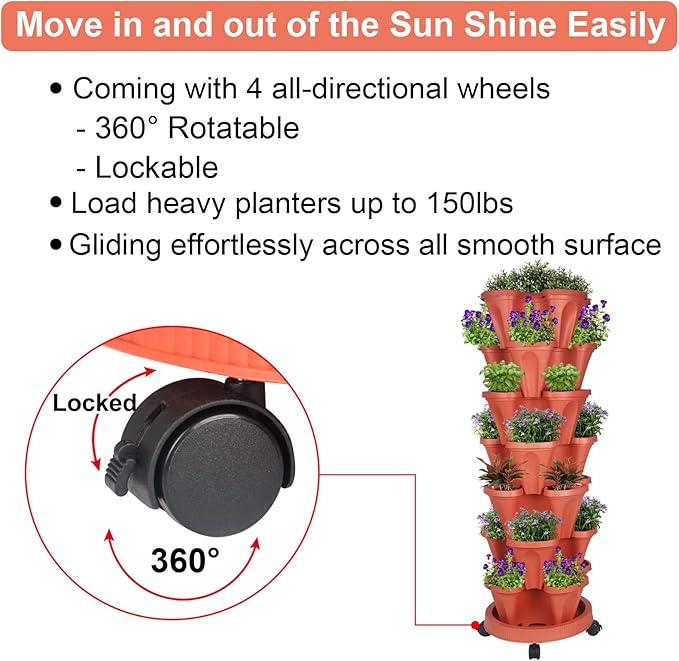 GameXcel Vertical Planter 7 Tier Stackable Planters Garden Planters Strawberry Herb Flower and Vegetable Planter Indoor Outdoor Gardening Pots with Removable Wheels and Tools - Red