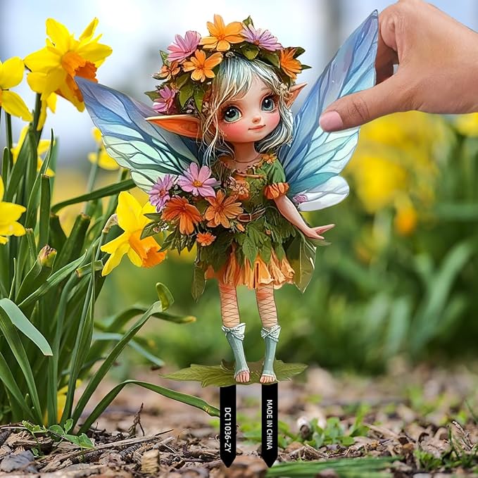 Fairy Garden Stake Decor, Acrylic 2D Garden Fairy Decoration, Fairy Garden Accessories for Outdoor Indoor Yard Lawn Pot Plants (Floral Girl)