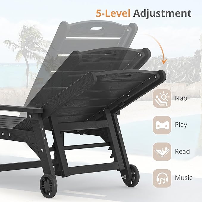 LUE BONA Outdoor Chaise Lounge Chairs Set of 2, HDPS Lounge Chair, 5 Positions Adjustable Pool Lounge Chairs, Patio Furniture Sets with Wheels for Poolside, Hotel, Restaurant, 3 Year Warranty, Black