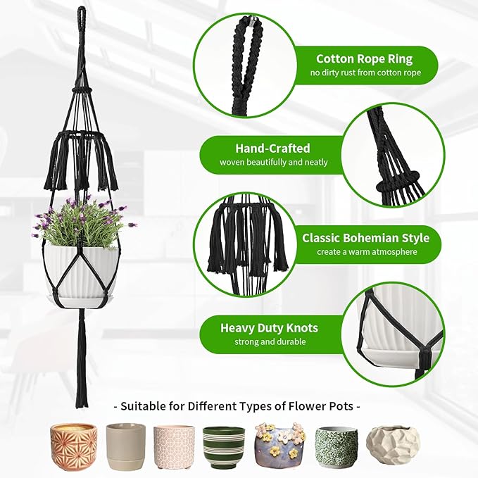 Macrame Plant Hangers, 5Pack Hanging Planters for Indoor Plants w/ 5 Set Hooks Handmade Cotton Rope Hanging Plant Holders Plant Hanger Indoor for Boho Home Decor (Planter Pot Not Included)