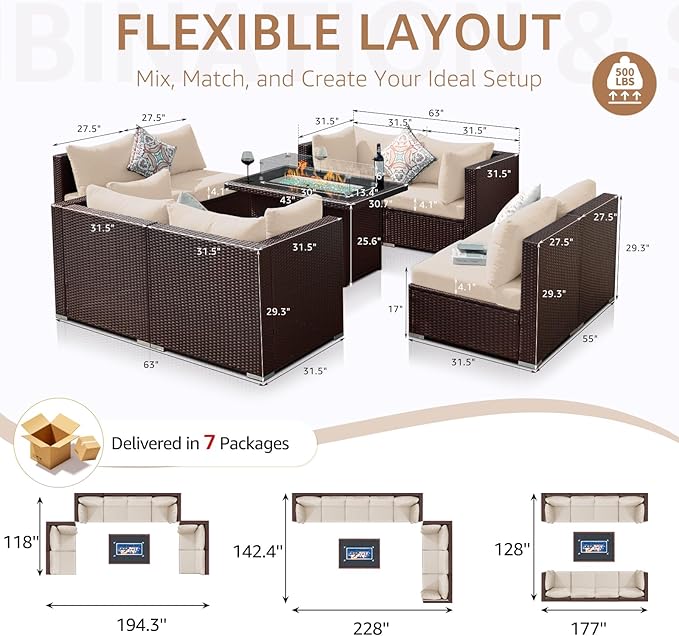 NICESOUL 9 Piece Patio Furniture Conversation Set, Extra Large Size Outdoor Rattan Sectionals with Fire Pit Table Natural Gas & Propane Convertible, 29.3'' High Back 8 Seater Deep Wide Sofa, Espresso