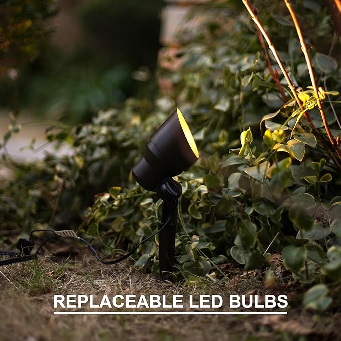 GOODSMANN Low Voltage Landscape Flood Light 3W LED 200 Lumen Outdoor Spotlight 3000K Warm White Replaceable LED Outside Hardwired Lighting with Metal Stake Cable Connector Replaceable