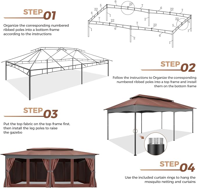 COBIZI Gazebo 12x20 Heavy Duty Gazebos with Curtain and Netting Outdoor Gazebo Canopy Double Roof Patio Gazebos with Metal Steel Frame for Patio, Deck, Backyard-Brown
