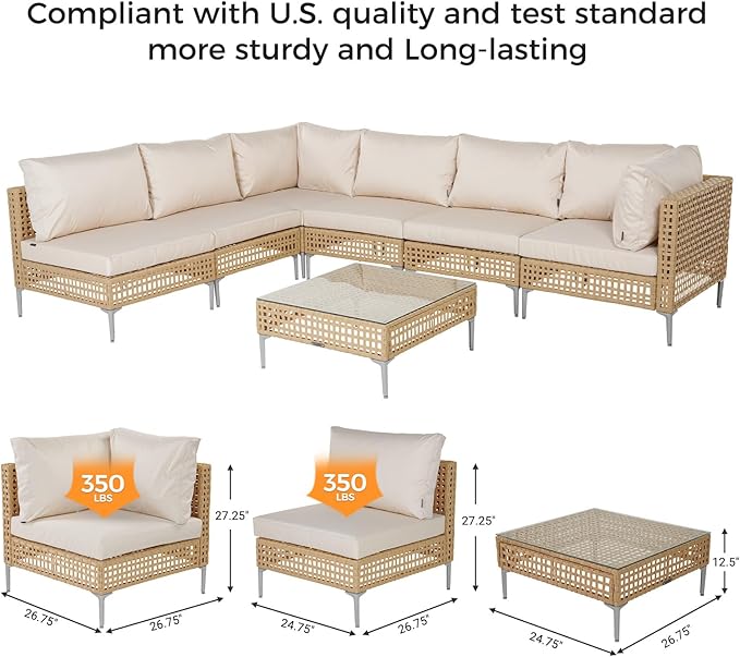Grand patio 7-Piece Wicker Patio Furniture Set, Boho Outdoor Conversation Set Sectional Sofa with Water Resistant Thick Cushions and Coffee Table, Cream