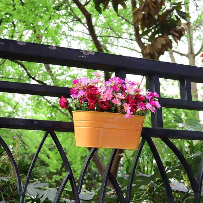 3 Pack Metal Railing Planters, 10.5" Oval Hanging Flower Pots with Detachable Hooks & Drainage Holes, Fits Rails up to 2.36", Galvanized Iron Fence Bucket for Balcony Garden Patio - Orange