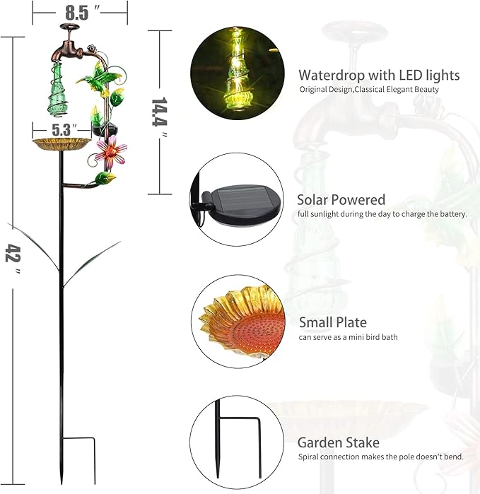 Bshine Solar Garden Decoration Outdoor Light - Waterdrop Metal Hummingbird Solar Stake,Waterproof Garden Decor Path,Lawn and Yard Art Gift for Mom, Green