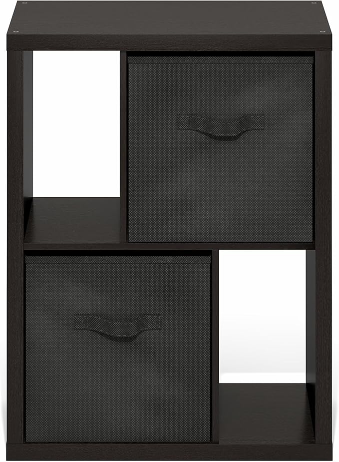 Furinno Viola Storage Shelf, 4-Tier Storage Rack with Bins, Book Shelf, Bookshelf, Display Rack with Drawer Bins, Extra Thick Frame, for Organization, Living Room, Home Office, Black Dark Oak