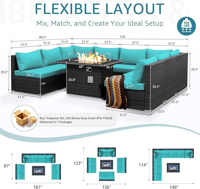 NICESOUL Extra Large 9 Piece Patio Furniture Set with Fire Pit Table Natural Gas & Propane, 29.3'' High Back Rattan Outdoor Conversations, 8 Seater Modular Sofa Set, 2 Color Cushions Turquoise & Gray