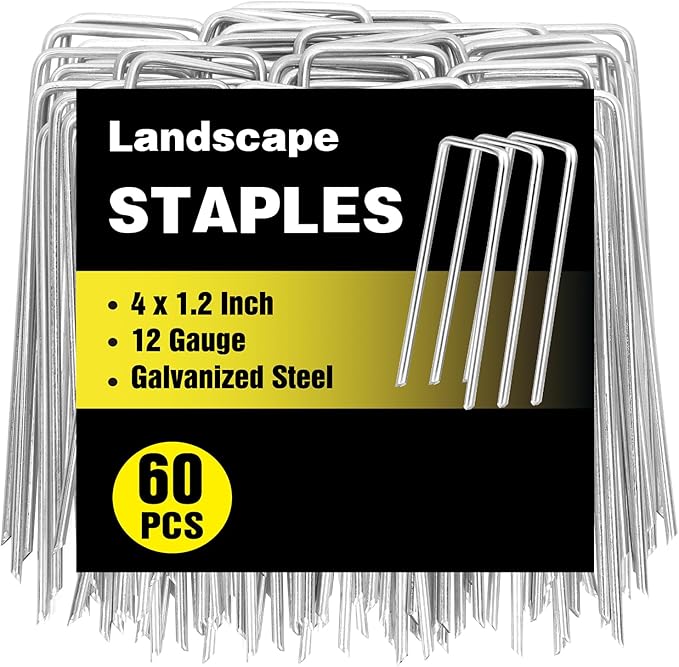 HongWay 60 Pack 4 Inch Landscape Staples, Garden Staples 12 Gauge Galvanized Ground Stakes Lawn Yard Staples SOD U-Shaped Pins for Gardening Irrigation Tubing Landscaping Fabric