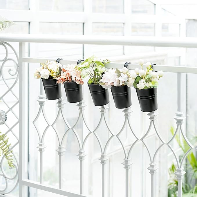 Dahey 5 Pcs Hanging Flower Pots 4 Inches Metal Iron Bucket Outdoor Planter for Railing Fence Balcony Garden Home Decoration Flower Holders with Detachable Hooks, Black