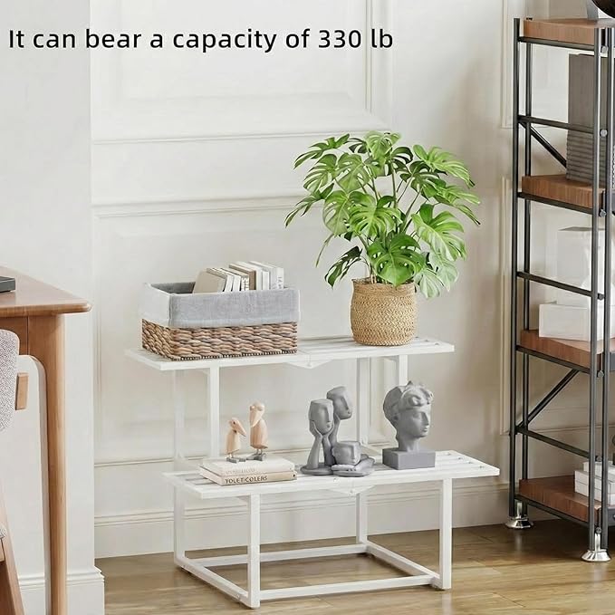 Metal Plant Stand Indoor, Outdoor Iron Plant Shelf, Heavy Duty Slatted Display Shelf for Patio Balcony Garden Living Room Load Bearing 330 LB 26" L x 20.2" H x 17.7" W 2 Tier White