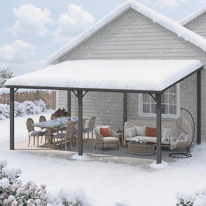 AECOJOY 12' x 16' Outdoor Hardtop Metal Gazebo for Patio, Large Lean to 16x12 Galvanized Steel Heavy Duty Wall Mounted Pergolas and Grill Gazebos Clearance, Patio Pergola Metal Roof Awnings for Decks
