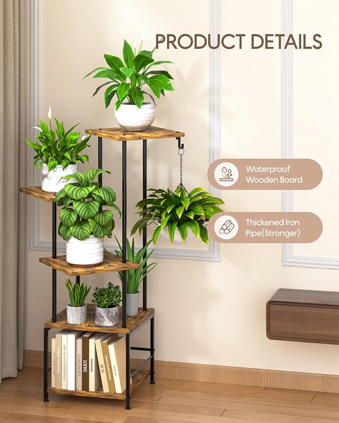 Plant Stand Indoor, 5-Tier Tall Plant Stand Indoor, Metal Plant Shelf with Hanging Basket Hook, Ideal Corner Plant Table for Living Room, Balcony, Garden, Patio (Brown)