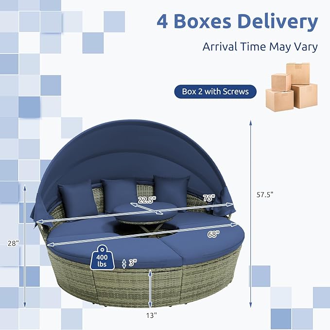 Tangkula Outdoor Round Daybed with Retractable Canopy, PE Wicker Sectional Seating Furniture with Cushions and Throw Pillows, Separates Cushioned Seats for Backyard, Poolside (Navy)