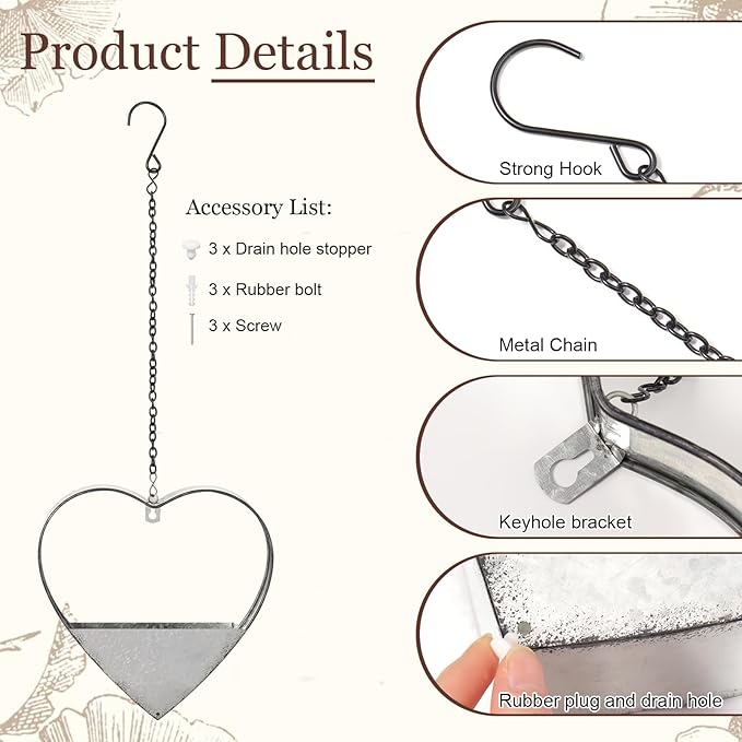 3 Pcs 3 Size Heart Metal Hanging Planter Indoor Outdoor, 13.4" 10.6" 7" Large Metal Plant Hangers Vintage Flower Pot with Hook Chain Drain Hole Gift for Gardener Women Mom Home Decor(Silver)