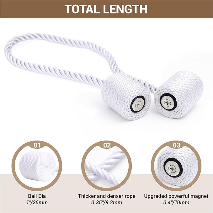 Hion Magnetic Curtain Tiebacks White 4 Pack, Curtain Tiebacks Buckles Holdbacks Holders Hooks Clip for Home Bedroom Office