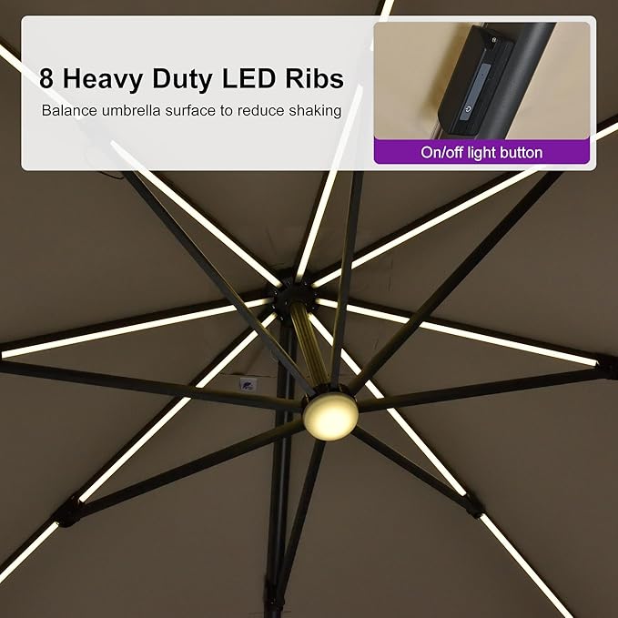 PURPLE LEAF 10 Feet Patio Umbrella with Base Outdoor Cantilever Solar Powered LED Swivel Square Umbrella Aluminum Offset Umbrella with 360-degree Rotation for Garden Deck Pool Patio, Beige
