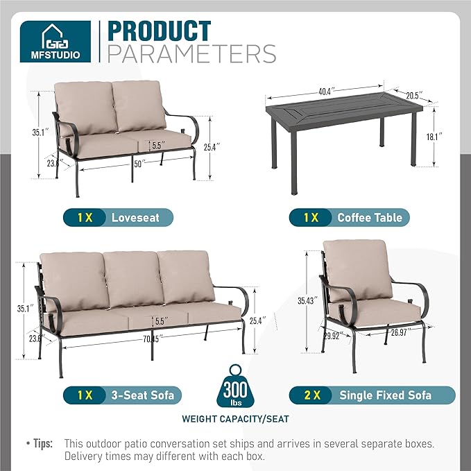 MFSTUDIO 7 Seats Large Metal Patio Conversation Sets, 5 Pieces Outdoor Furniture Sofa with 2 Fixed Chairs, 1 Sofa(3-seat), 1 Loveseat and Table for Outside Balcony Backyard Poolside