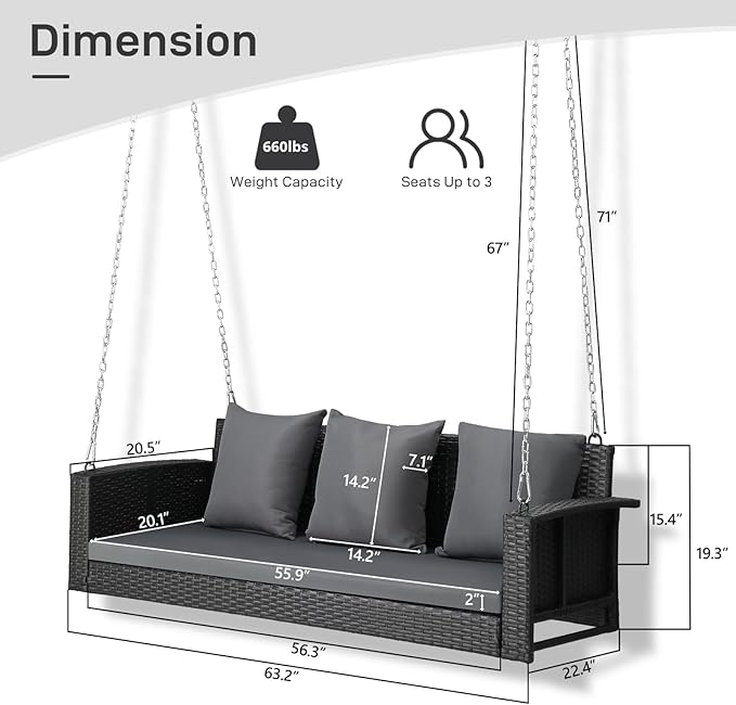 Outvita Porch Swing, 5FT Hanging Outdoor Porch Swings for Adults, Wicker 3 Person Patio Swing, with Cushion, Pillow and Chain for Garden, Backyard, Weight Capacity - 1000lbs