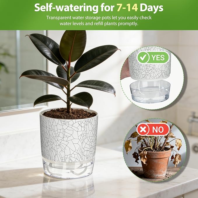 3 Pack Self Watering Pots for Indoor Plants, 4+5.5+6.3 Inch Self Watering Plant Pots, Flower Pots with Wick Rope and Reservoir - Crack Texture