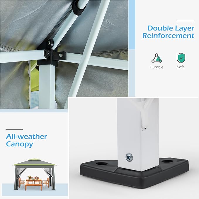 ECOTOUGE 11 FT Pop Up Canopy Tent with Mosquito Nettings, Instant Shelte gazebos on Clearance w/Carrying Roller Bag, Waterproof and UV Resistant Canopy Tent for Grill, Garden and Backyard Grey-Green