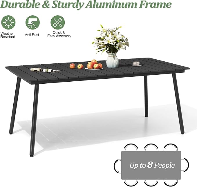 70" Patio Outdoor Dining Table for 6, Weather-Resistant Aluminum Frame with Wood-Grain Top & Umbrella Hole for Deck Gatherings, Black