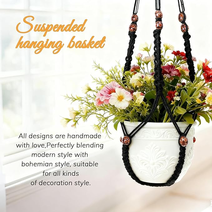 35 Inch Macrame Plant Hanger, Large for up to 15 Inch Pot Extra Long Hanging Planter Holder Basket with Wood Beads for Indoor Outdoor Home Decor (Black, 1-Pack)