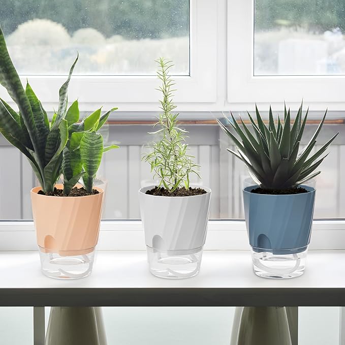 KIMCHOMERSE Self Watering Plant Pots, 6 Inch Plant Pots White, Pink, Blue, 3 Pack Flowers Pot Indoor Planter Pots with Tray for Spider Plant, Orchid, African Violet