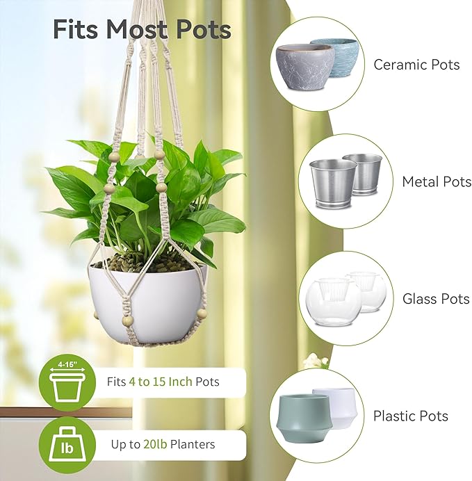 USLAI Macrame Plant Hanger Indoor Outdoor, Fits 4 to 15 Inch Pots, Strong Hanging Planter Holder, Boho Home Decor, 35 Inch, Ivory (POTS NOT Included)