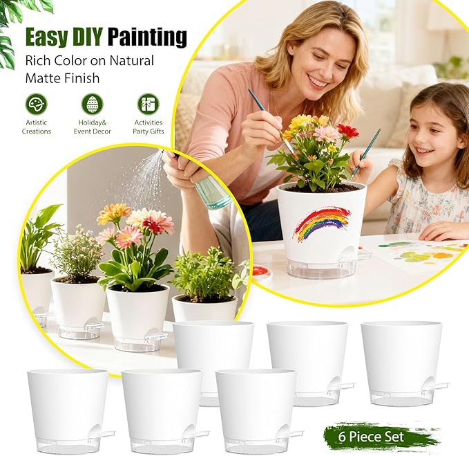 Plant Pots 4 Inch Self Watering Pots,6 Pack Plastic Planters with Drainage Holes and Clear Saucers,Plastic Flower Pots,Nursery Planting Pot for Indoor Out Door Plants (White)