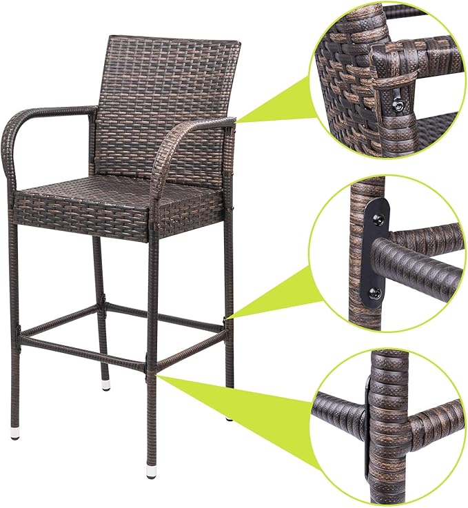 Homall Patio Bar Stools Wicker Barstools Indoor Outdoor Bar Stool Patio Furniture with Footrest and Armrest for Garden Pool Lawn Backyard Set of 2 (Brown)